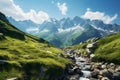 Photograph of a view of the Alps, a stream, and green fields. sunrise winter Royalty Free Stock Photo